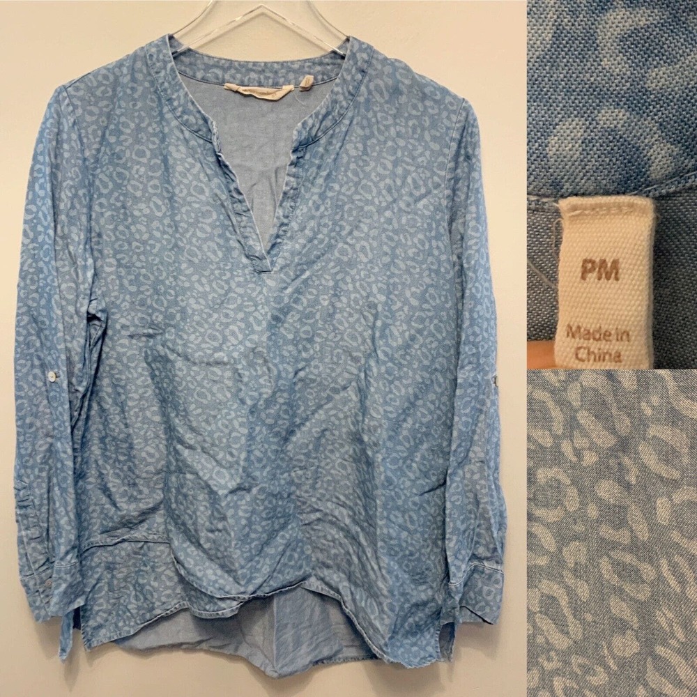 SOFT SURROUNDINGS Topnotch Cheetah Chambray Tunic Petite Medium Roll Tab Sleeve